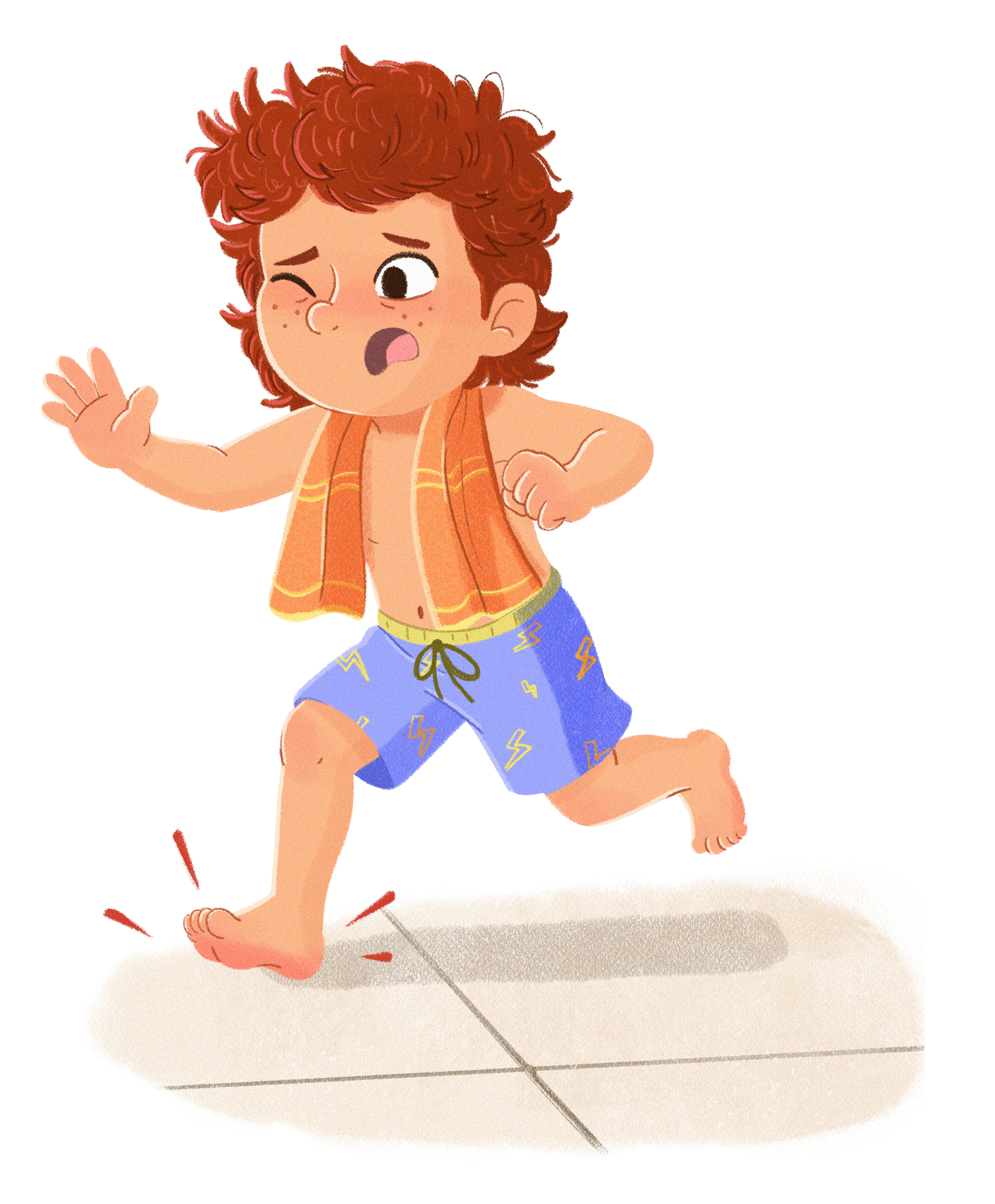 Boy running outdoors in a children’s book illustration