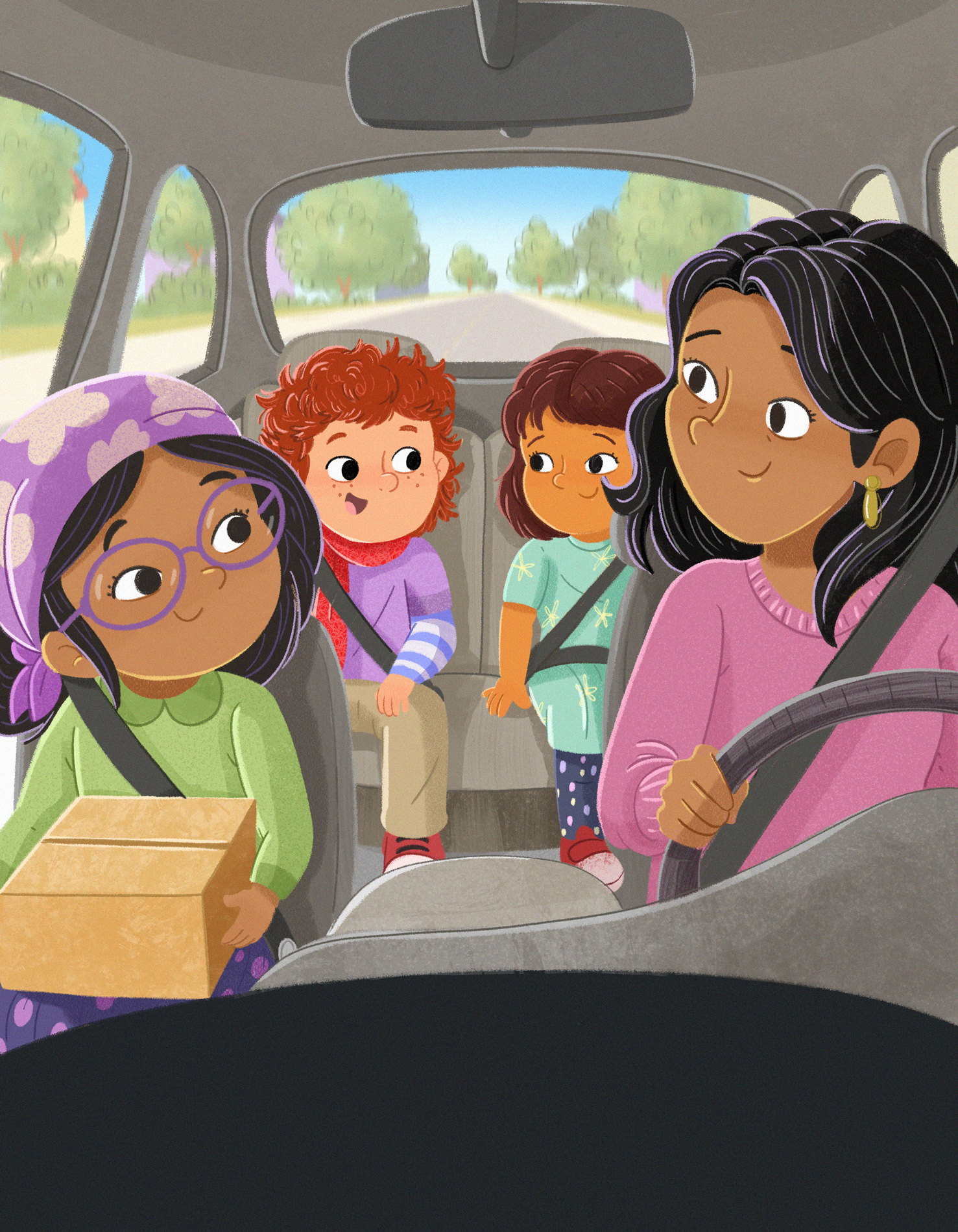 Grace and her friends travelling together by car