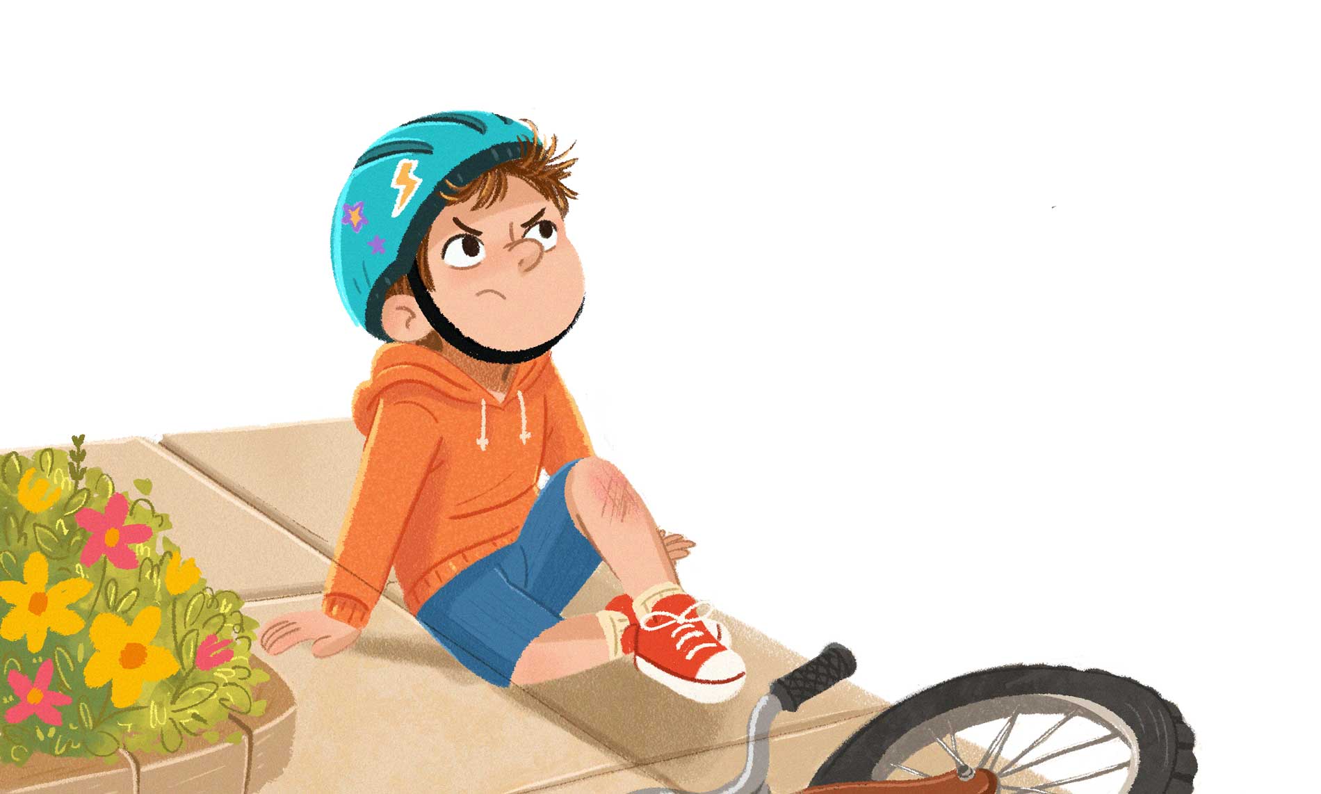 Children reacting to a bicycle incident in a children’s book illustration