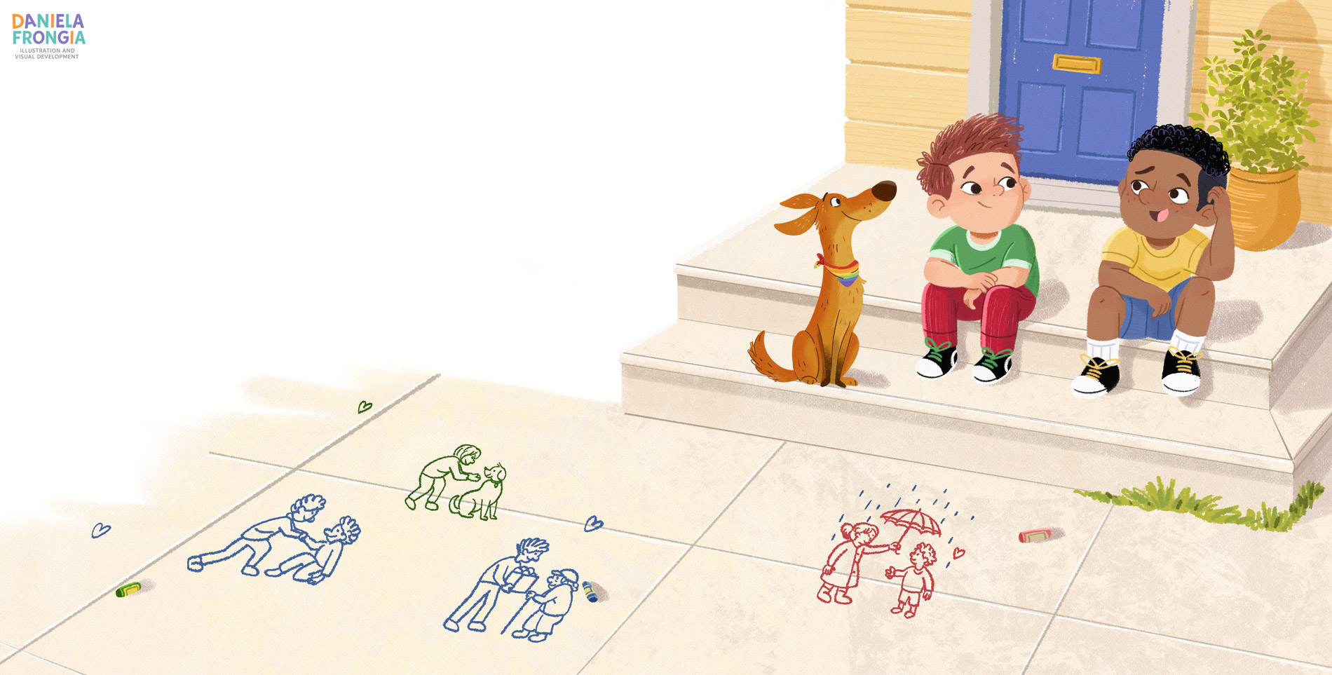 Two children and a dog talking outside their home