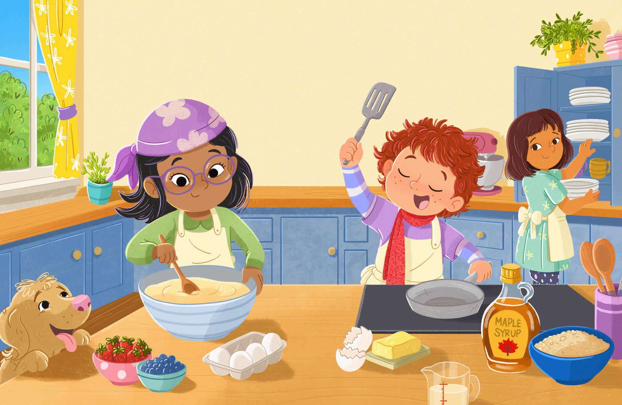 Grace and her friends making pancakes together in the kitchen
