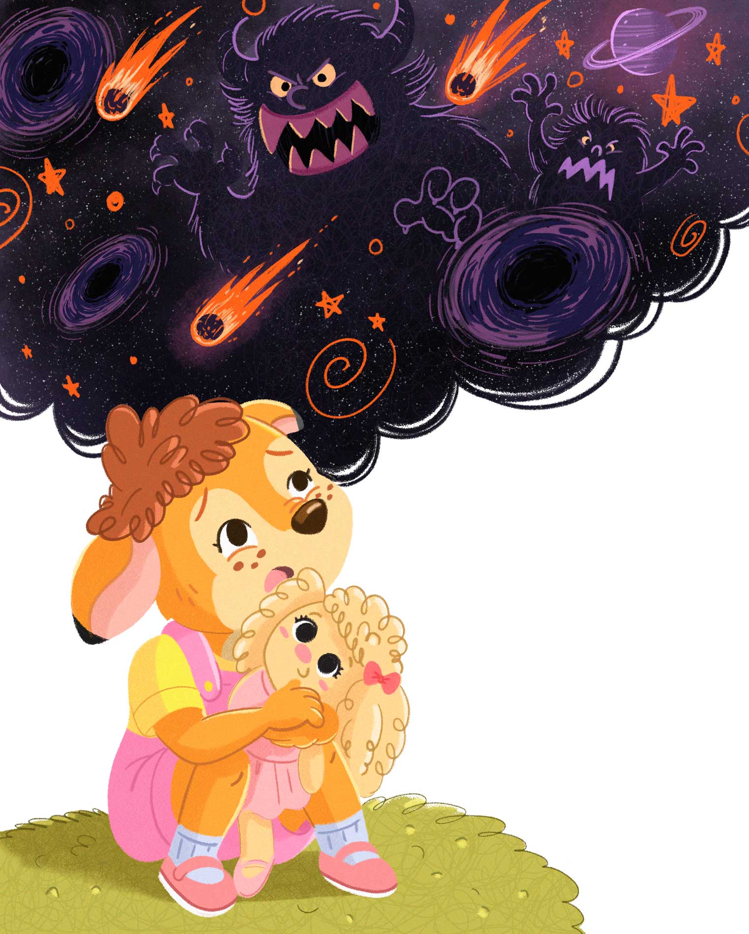 Cookie and Dada facing worried space creatures in a children’s book illustration