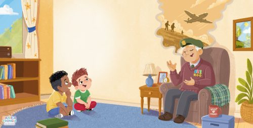 Children's illustration by Daniela Frongia of a grandfather sharing his memories as a war veteran with his grandchildren.