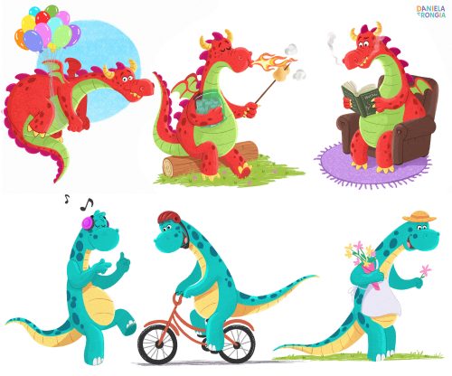 Character design sheet featuring playful dragon and dinosaur characters in multiple poses and expressions for children's books.