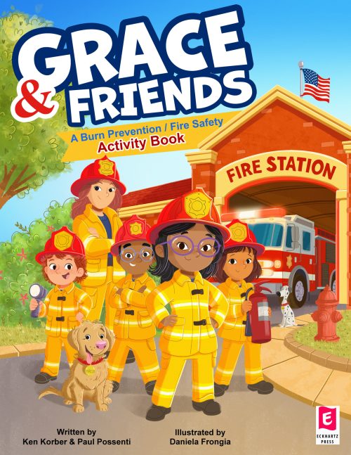 Fire safety children’s book cover illustration featuring young firefighters learning about fire prevention and emergency safety.