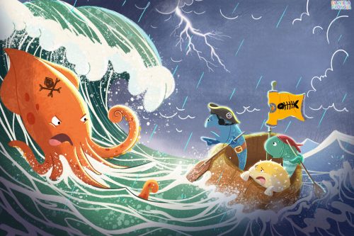 Children's illustration by Daniela Frongia of pirate fish sailing through a storm while a giant octopus rises from the sea.