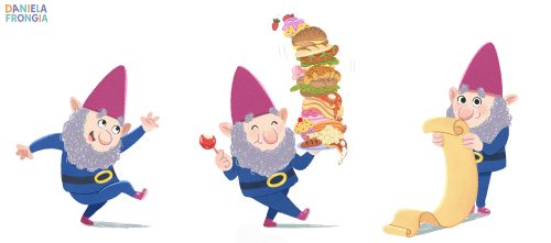 Gnome character design sheet showing multiple poses and expressions for a children's book character.