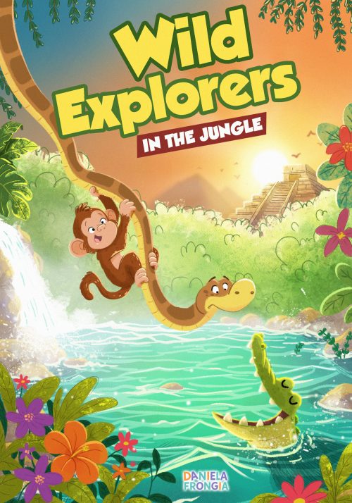 Wild Explorers in the Jungle children's book cover with monkey, crocodile and tropical rainforest illustration