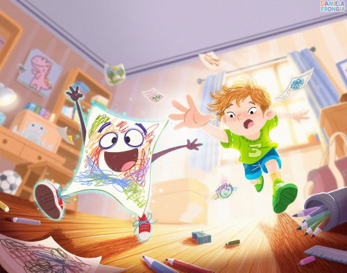 Original children's book illustration by Daniela Frongia showing a child using magic crayons to bring a colorful drawing to life.