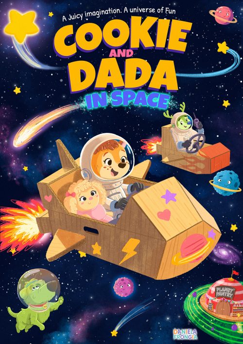 Children's book cover illustration featuring cute dogs flying a cardboard spaceship through outer space with colorful aliens.