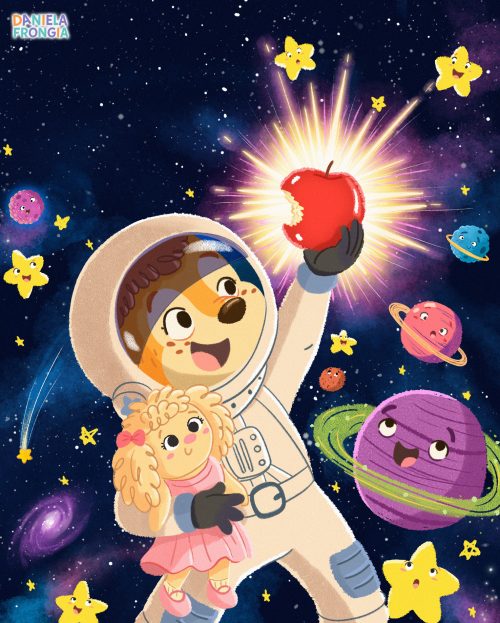 Children's book illustration of a young astronaut holding a glowing red star in space, with a little girl, colorful planets and stars.